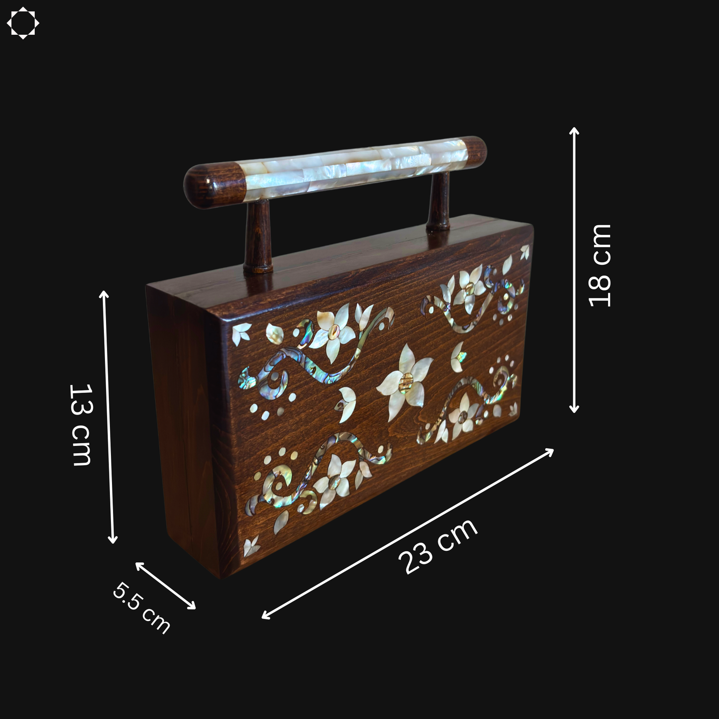 Der Garten des Lichts – Handgefertigte Damaszener Clutch aus Nussbaumholz mit Blumen-Perlmuttintarsien