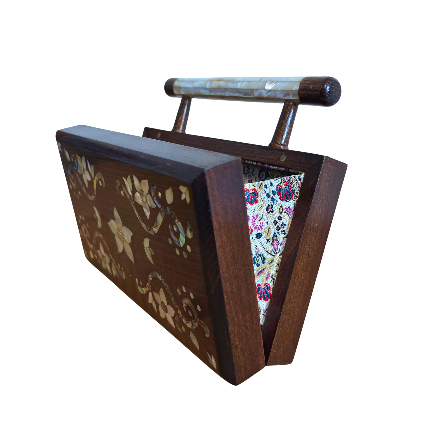 Der Garten des Lichts – Handgefertigte Damaszener Clutch aus Nussbaumholz mit Blumen-Perlmuttintarsien
