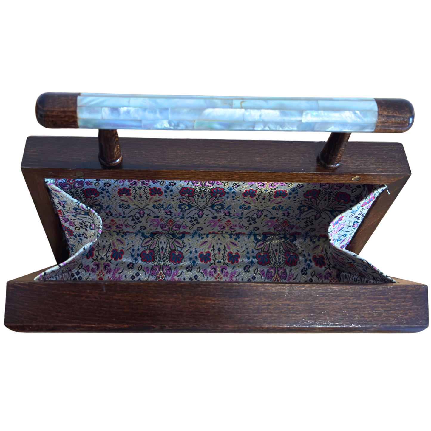 Der Garten des Lichts – Handgefertigte Damaszener Clutch aus Nussbaumholz mit Blumen-Perlmuttintarsien