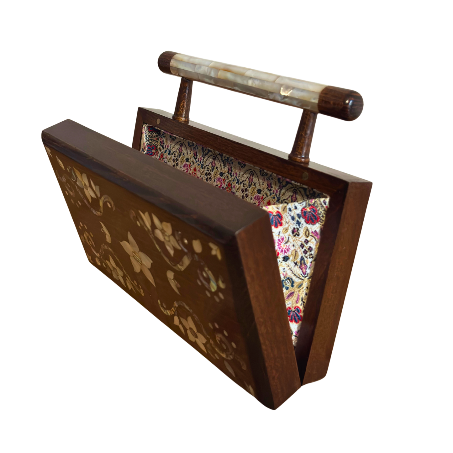 Der Garten des Lichts – Handgefertigte Damaszener Clutch aus Nussbaumholz mit Blumen-Perlmuttintarsien