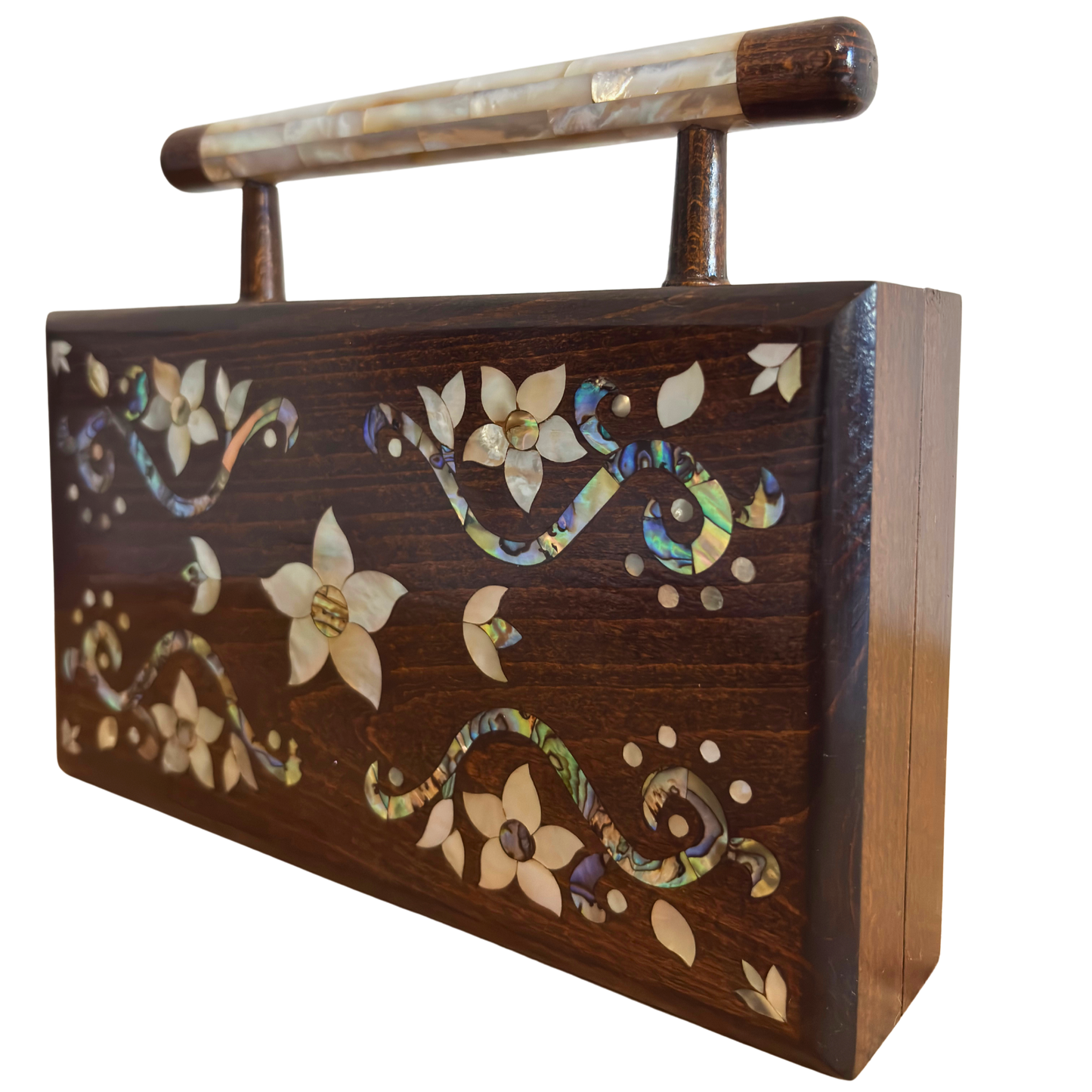 Der Garten des Lichts – Handgefertigte Damaszener Clutch aus Nussbaumholz mit Blumen-Perlmuttintarsien