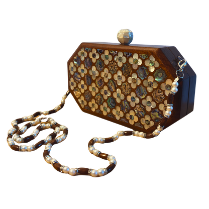 Jouri – Luxury Damascene Clutch with Mother of Pearl Rose Inlay & Pearl Rosary Chain