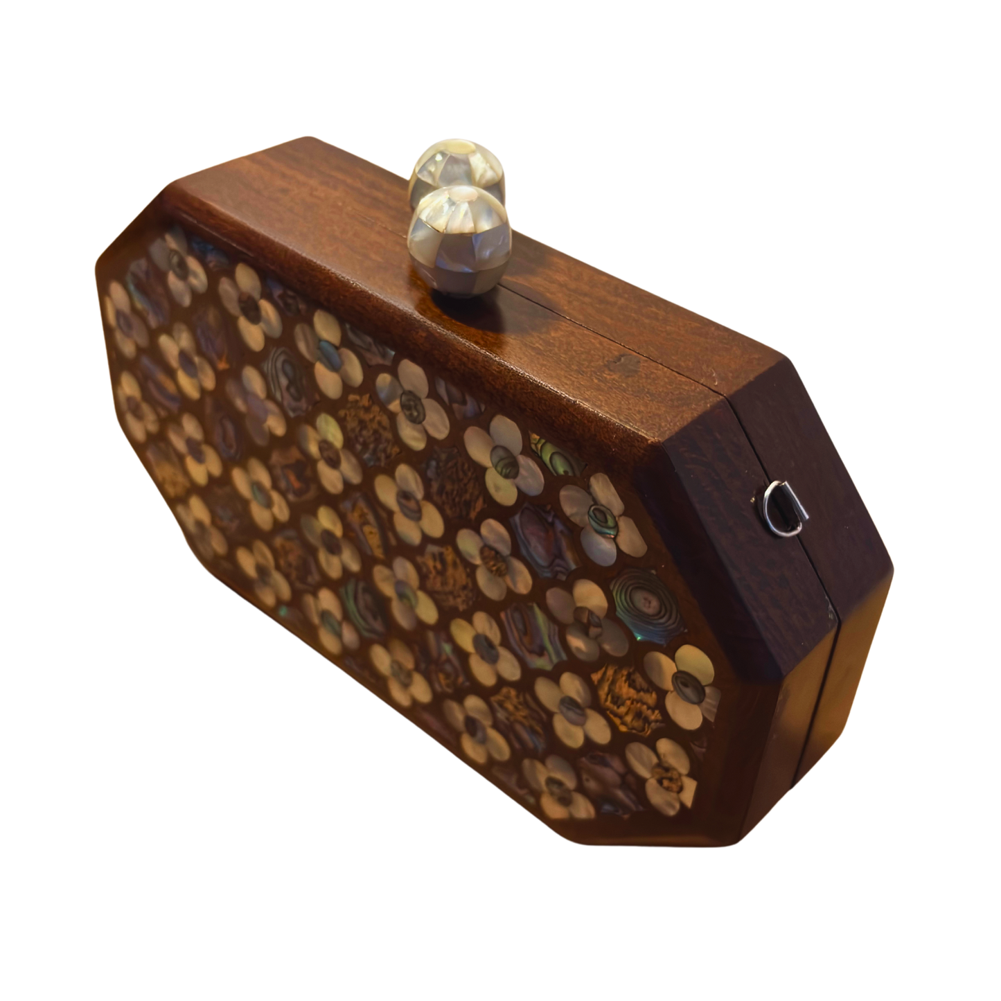 Jouri – Luxury Damascene Clutch with Mother of Pearl Rose Inlay & Pearl Rosary Chain