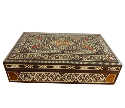 Vintage 1970 Damaszener Mosaik Schmuckschatulle – Handgefertigte orientalische Einlage mit Perlmutt