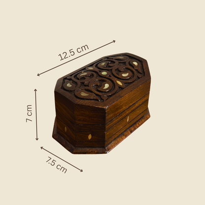 Hand-Carved Beechwood Box with Mother of Pearl Inlay – Walnut Finish Elegance