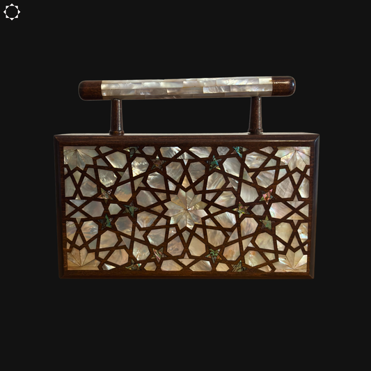 The Celestial Star – Handcrafted Damascene Clutch in Walnut Wood with Mother of Pearl Inlay