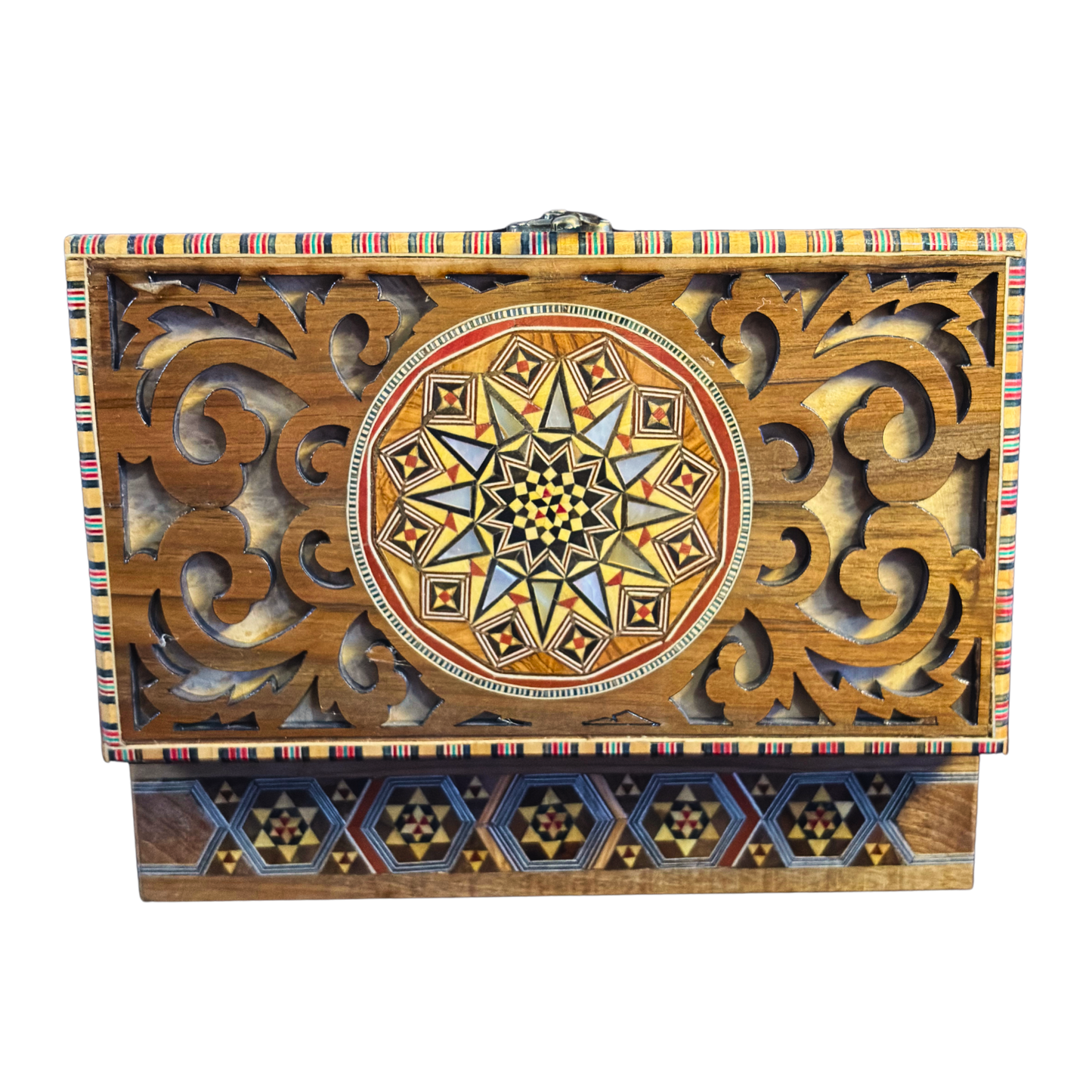 Handcrafted Damascene Mosaic Box – Mother of Pearl & Carved Elegance