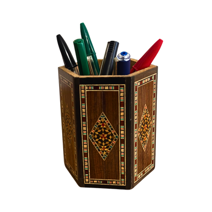 Damascene Mosaic Wooden Pen Holder by Gaby Al Dayeh – Natural Woods & Handcrafted Elegance