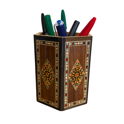 Damascene Mosaic Wooden Pen Holder by Gaby Al Dayeh – Natural Woods & Handcrafted Elegance