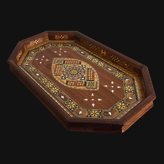Damaskus Mosaik Holztablett – Perlmutt Intarsie & Edle Walnussoptik