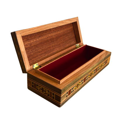 Langwerpige handgemaakte Damascene mozaïekdoos voor pennen en sieraden, parelmoer ingelegd, Syrisch oosters vakmanschap