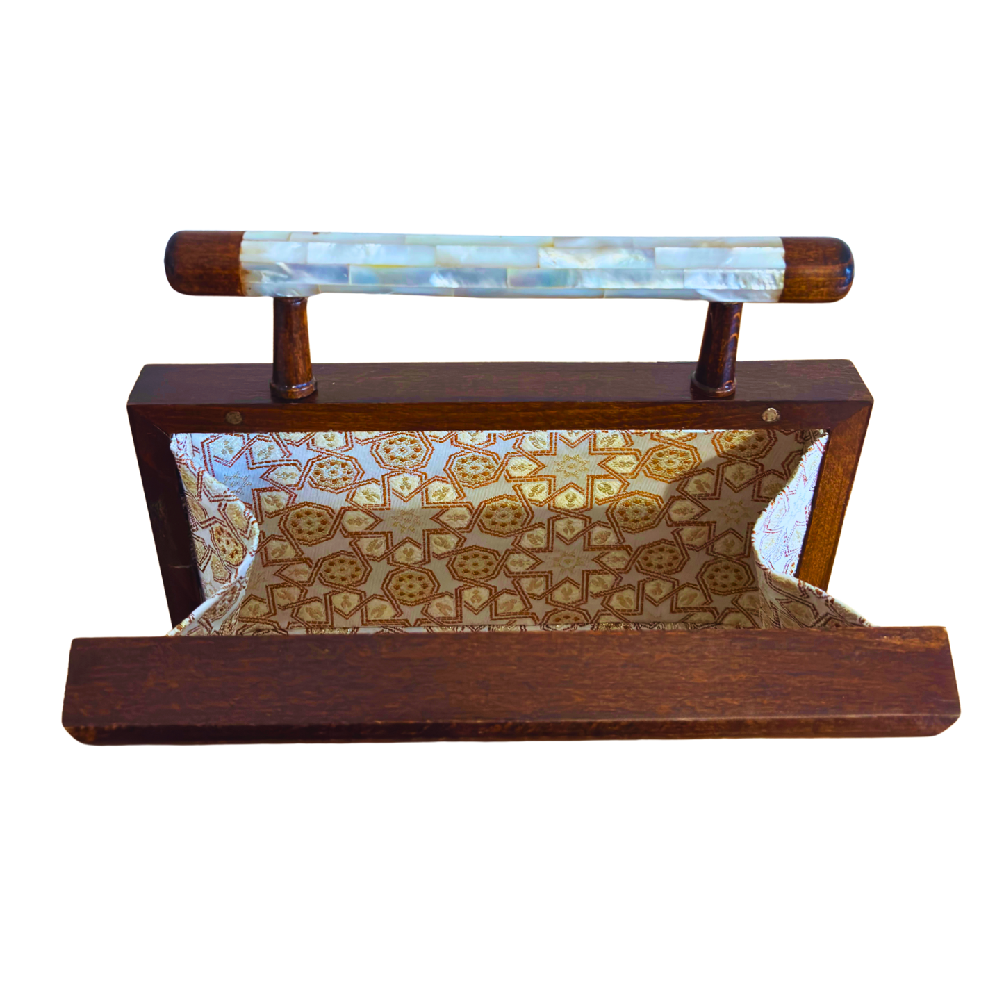 Zenobia – Clutch Damascena di Lusso in Noce con Intarsi in Madreperla e Interno in Broccato