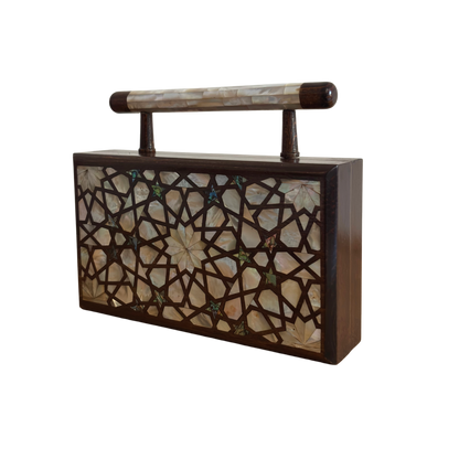 The Celestial Star – Handcrafted Damascene Clutch in Walnut Wood with Mother of Pearl Inlay
