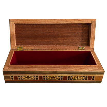 Langwerpige handgemaakte Damascene mozaïekdoos voor pennen en sieraden, parelmoer ingelegd, Syrisch oosters vakmanschap