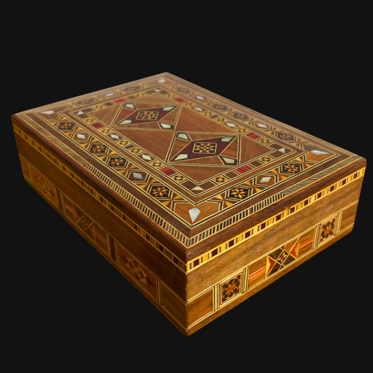 Handgemaakte mozaïek sieradendoos, parelmoer inleg, luxe houten herdenkingskist, Damascene kunst -Limited Edition-