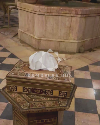Elegante Damast Mozaïek Houten Tissue Box – Parelmoer Inleg & Fluwelen Binnenkant