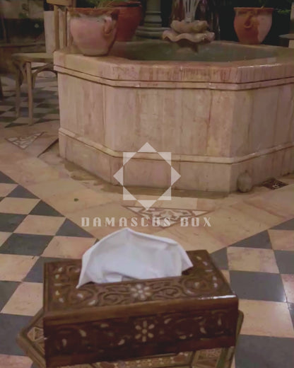 Hand-Carved Beechwood Tissue Box with Mother of Pearl Inlay – Walnut Finish Elegance